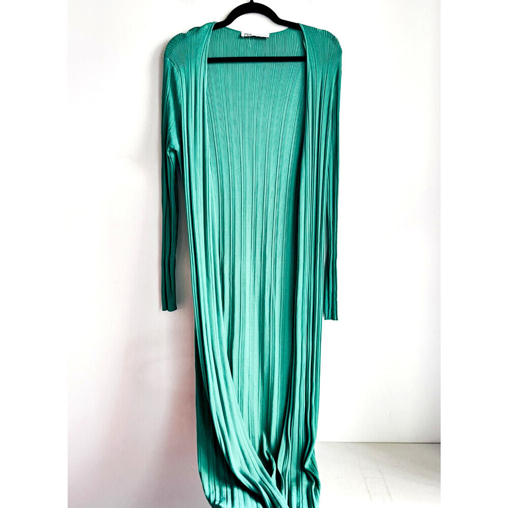Zara Teal Green Plisé texture Slinky open Front Cardigan M